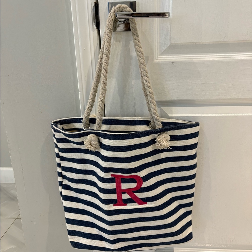 Striped Navy and White Tote Bag with Red Initial